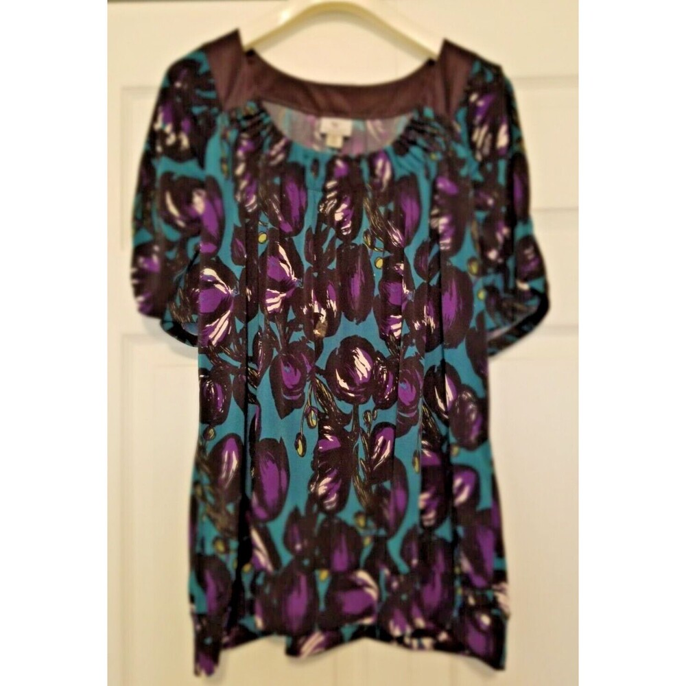 Worthington Woman Stretch Top Geometric Multicolor Short Ruched Sleeve Size 2X